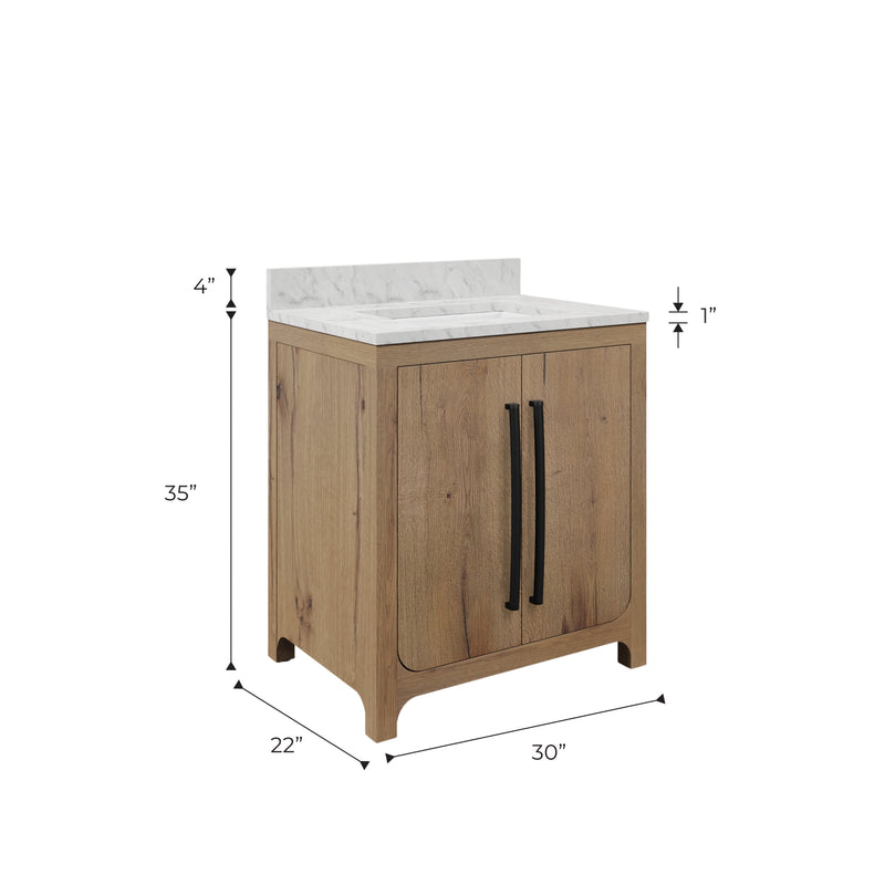 PE30EM07WO - Perris 30 In. Single Rectangle Sink Pre-Assembled Mid-Century Style Bathroom Vanity With 1" Engineered Carrara White Marble Top
