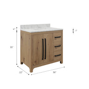 PE36EM07WO - Perris 36 In. Single Rectangle Sink Pre-Assembled Mid-Century Style Bathroom Vanity With 1" Engineered Carrara White Marble Top