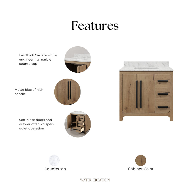 PE36EM07WO - Perris 36 In. Single Rectangle Sink Pre-Assembled Mid-Century Style Bathroom Vanity With 1" Engineered Carrara White Marble Top