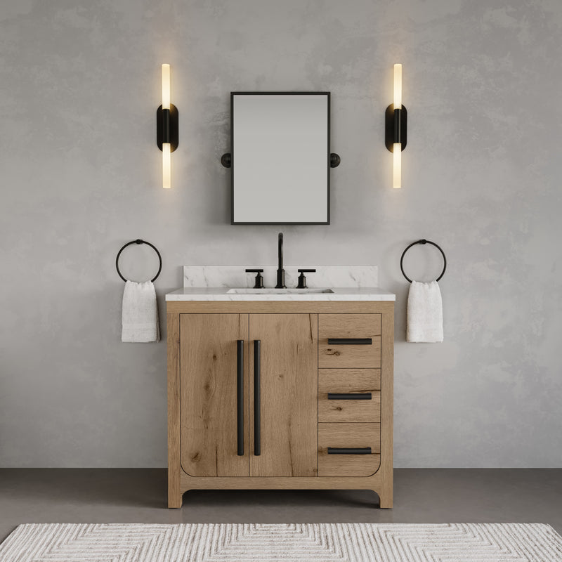 PE36EM07WO - Perris 36 In. Single Rectangle Sink Pre-Assembled Mid-Century Style Bathroom Vanity With 1" Engineered Carrara White Marble Top