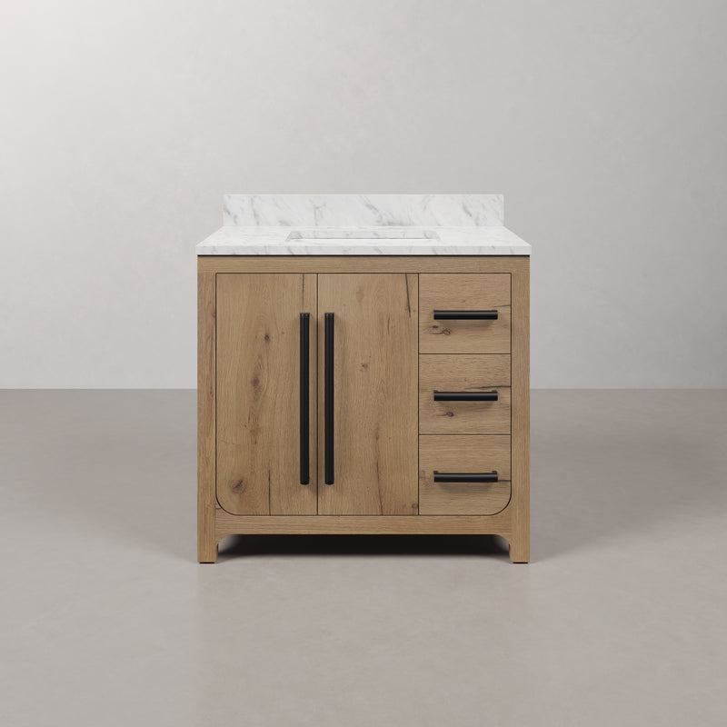 PE36EM07WO - Perris 36 In. Single Rectangle Sink Pre-Assembled Mid-Century Style Bathroom Vanity With 1" Engineered Carrara White Marble Top
