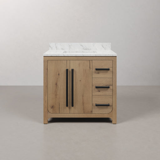 PE36EM07WO - Perris 36 In. Single Rectangle Sink Pre-Assembled Mid-Century Style Bathroom Vanity With 1" Engineered Carrara White Marble Top