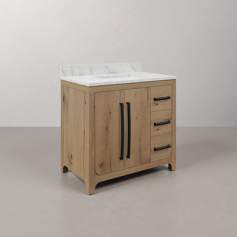 PE36EM07WO - Perris 36 In. Single Rectangle Sink Pre-Assembled Mid-Century Style Bathroom Vanity With 1" Engineered Carrara White Marble Top