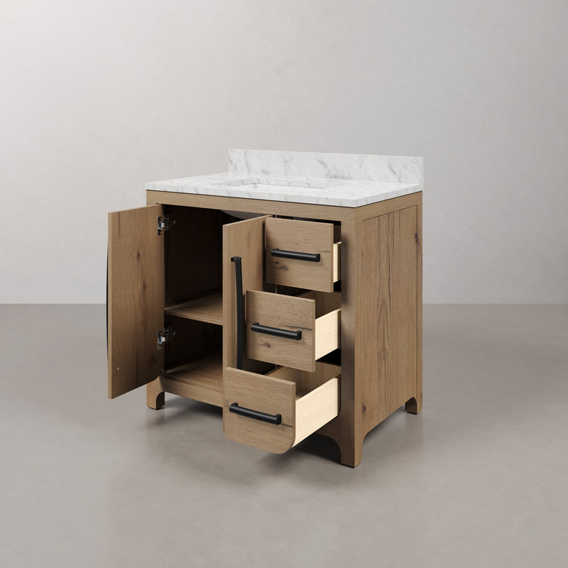PE36EM07WO - Perris 36 In. Single Rectangle Sink Pre-Assembled Mid-Century Style Bathroom Vanity With 1" Engineered Carrara White Marble Top