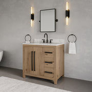 PE36EM07WO - Perris 36 In. Single Rectangle Sink Pre-Assembled Mid-Century Style Bathroom Vanity With 1" Engineered Carrara White Marble Top