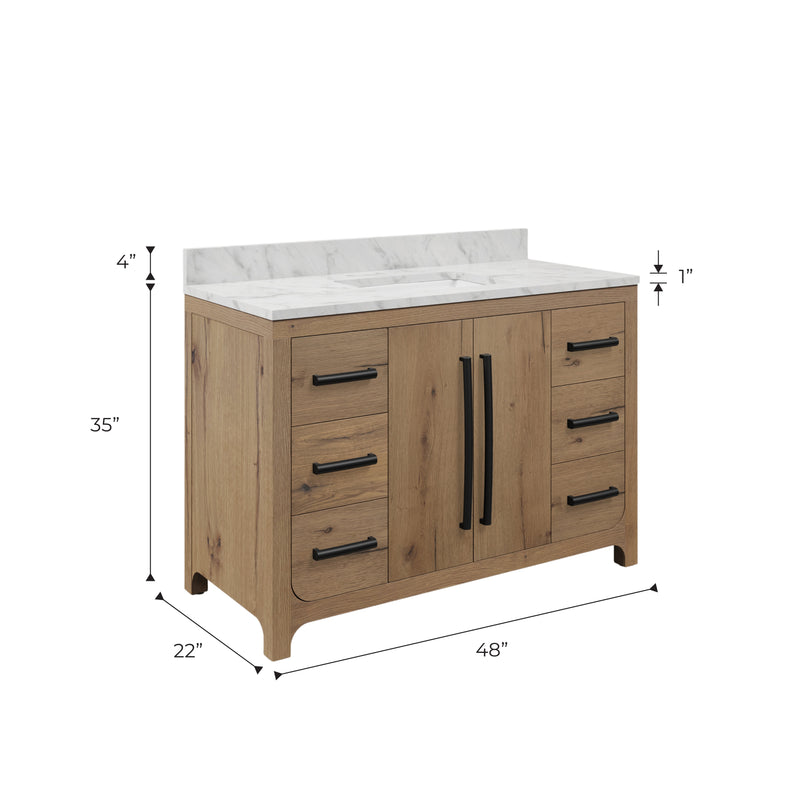 PE48EM07WO - Perris 48 In. Single Rectangle Sink Pre-Assembled Mid-Century Style Bathroom Vanity With 1" Engineered Carrara White Marble Top