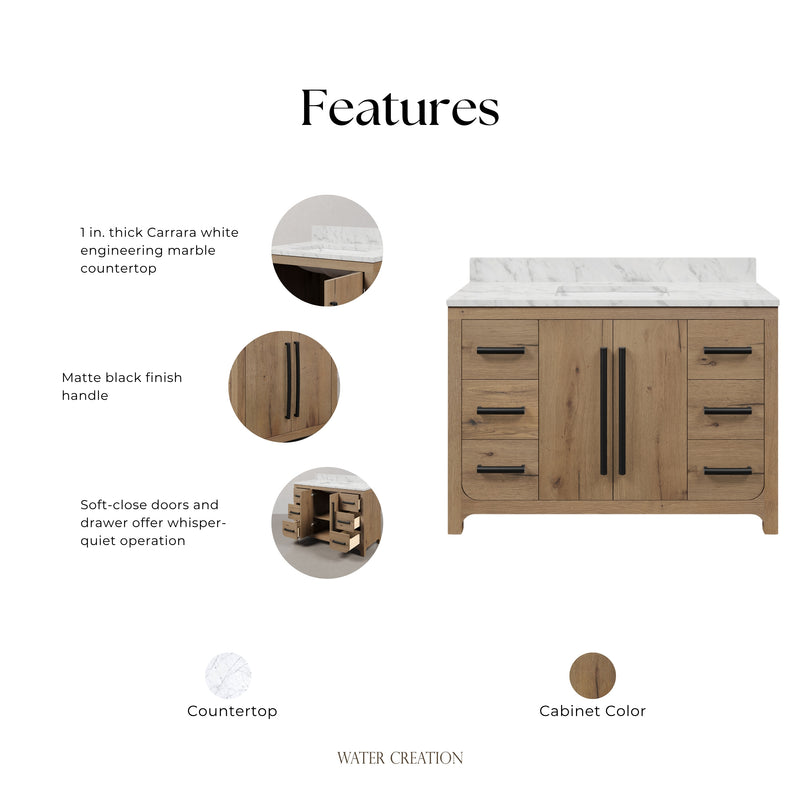 PE48EM07WO - Perris 48 In. Single Rectangle Sink Pre-Assembled Mid-Century Style Bathroom Vanity With 1" Engineered Carrara White Marble Top