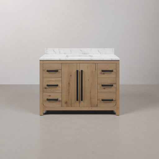 PE48EM07WO - Perris 48 In. Single Rectangle Sink Pre-Assembled Mid-Century Style Bathroom Vanity With 1" Engineered Carrara White Marble Top