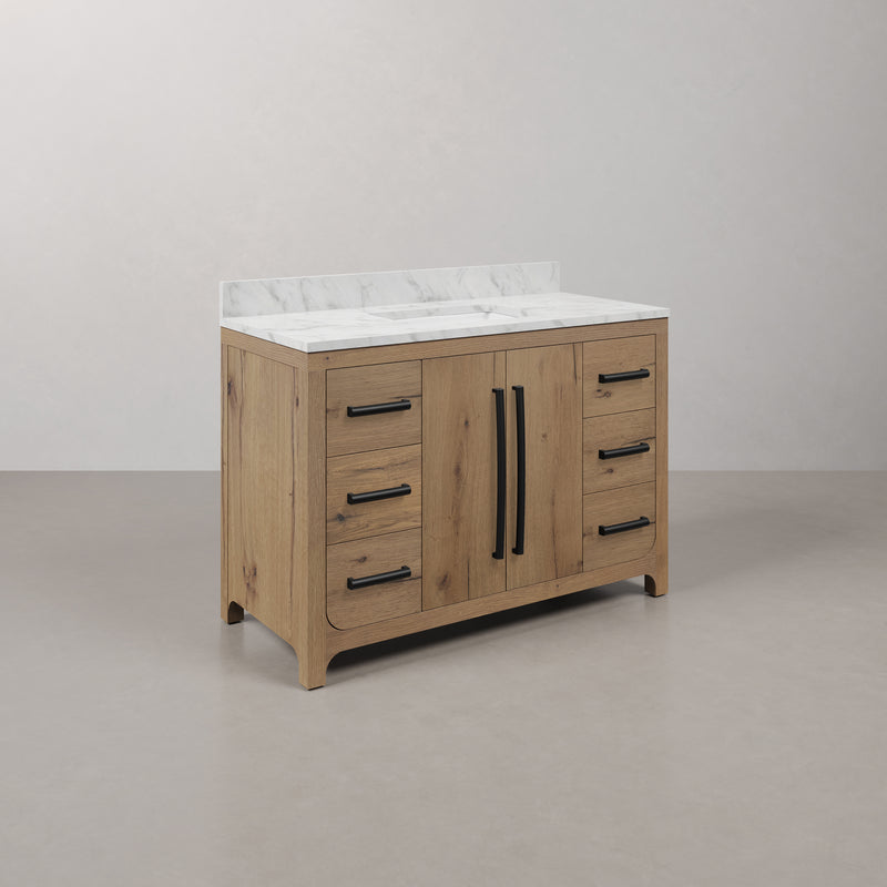 PE48EM07WO - Perris 48 In. Single Rectangle Sink Pre-Assembled Mid-Century Style Bathroom Vanity With 1" Engineered Carrara White Marble Top