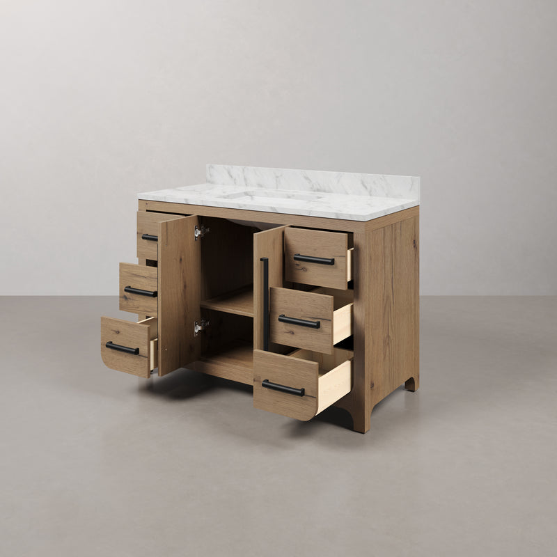 PE48EM07WO - Perris 48 In. Single Rectangle Sink Pre-Assembled Mid-Century Style Bathroom Vanity With 1" Engineered Carrara White Marble Top