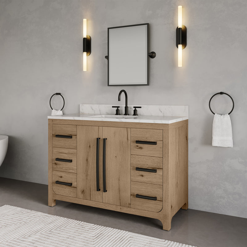 PE48EM07WO - Perris 48 In. Single Rectangle Sink Pre-Assembled Mid-Century Style Bathroom Vanity With 1" Engineered Carrara White Marble Top