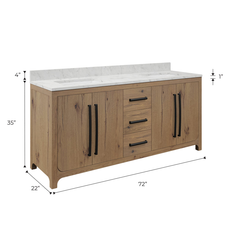 PE72EM07WO - Perris 72 In. Double Rectangle Sink Pre-Assembled Mid-Century Style Bathroom Vanity With 1" Engineered Carrara White Marble Top