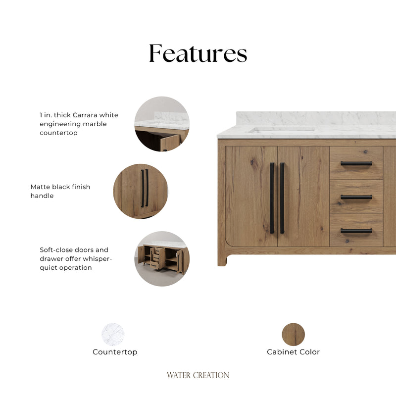 PE72EM07WO - Perris 72 In. Double Rectangle Sink Pre-Assembled Mid-Century Style Bathroom Vanity With 1" Engineered Carrara White Marble Top
