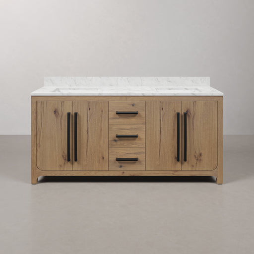 PE72EM07WO - Perris 72 In. Double Rectangle Sink Pre-Assembled Mid-Century Style Bathroom Vanity With 1" Engineered Carrara White Marble Top