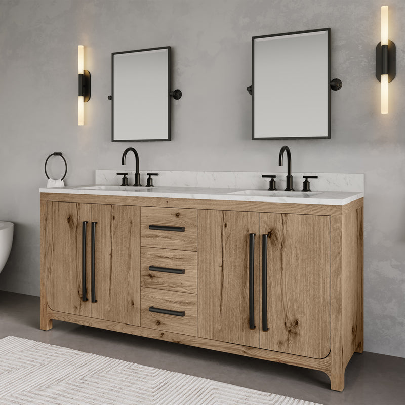 PE72EM07WO - Perris 72 In. Double Rectangle Sink Pre-Assembled Mid-Century Style Bathroom Vanity With 1" Engineered Carrara White Marble Top