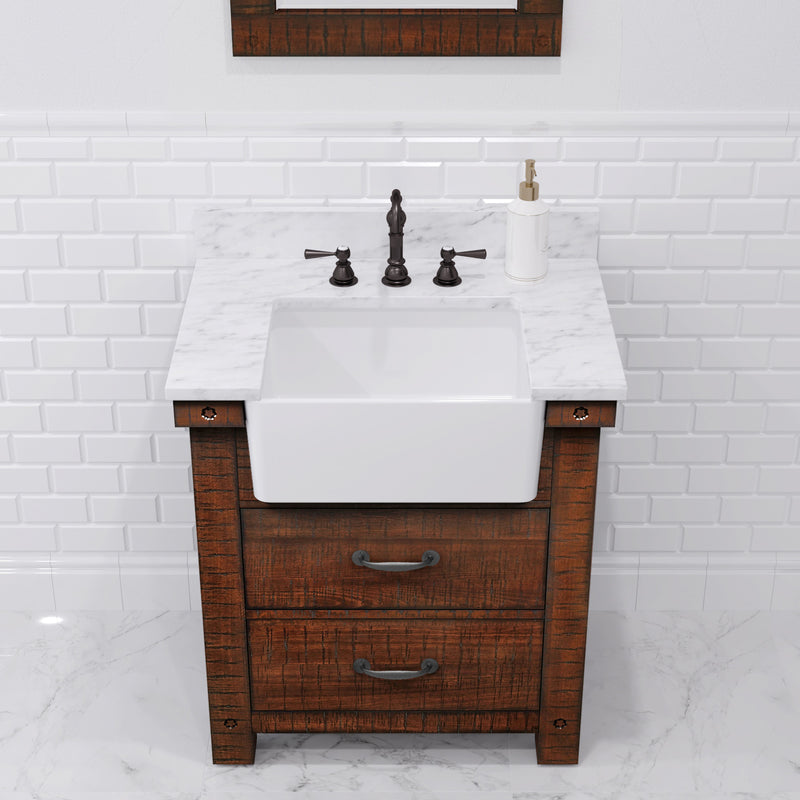 PY30CW03RS - Paisley 31 In. Single Sink Pre-Assembled Farmhouse Style Bathroom Vanity With 1" Carrara White Marble Top