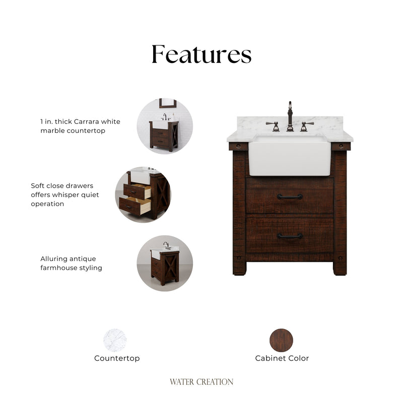 PY30CW03RS - Paisley 31 In. Single Sink Pre-Assembled Farmhouse Style Bathroom Vanity With 1" Carrara White Marble Top