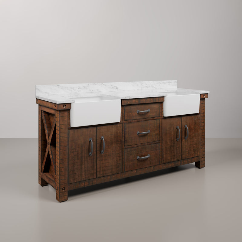 PY72CW03RS - Paisley 72 In. Double Sink Pre-Assembled Farmhouse Style Bathroom Vanity With 1" Carrara White Marble Top