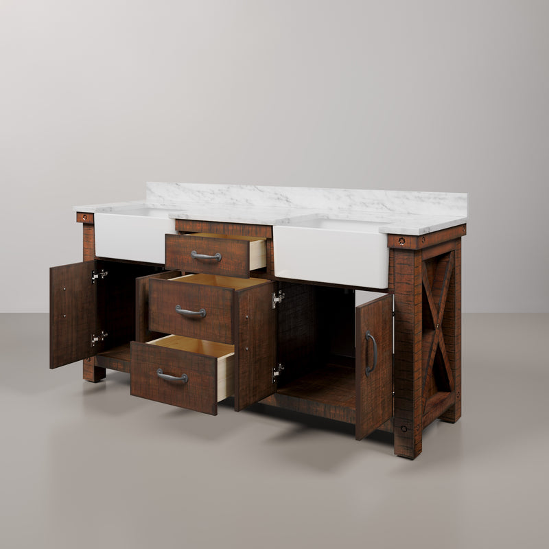 PY72CW03RS - Paisley 72 In. Double Sink Pre-Assembled Farmhouse Style Bathroom Vanity With 1" Carrara White Marble Top