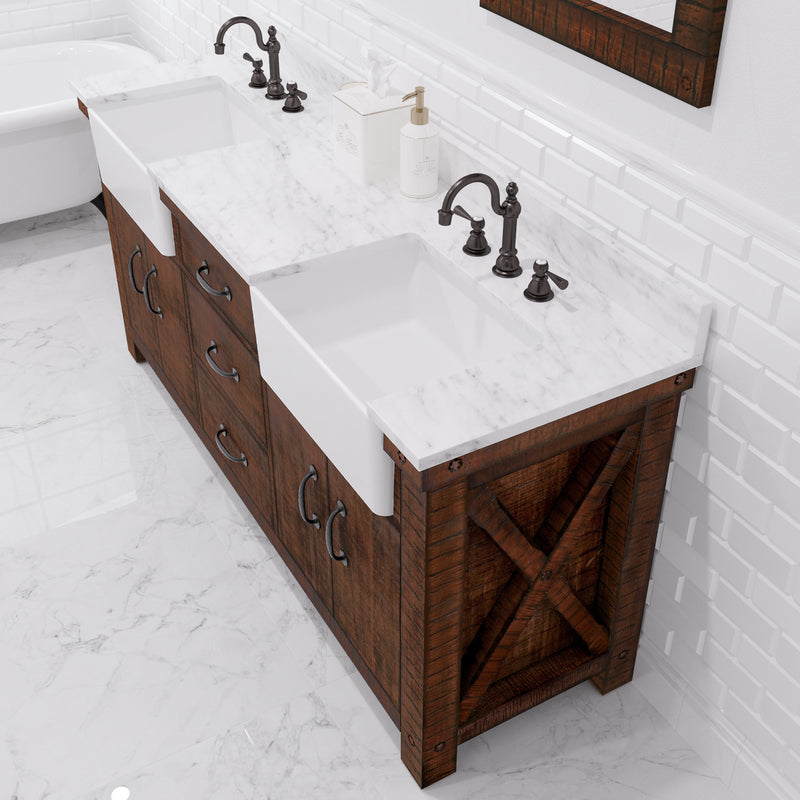 PY72CW03RS - Paisley 72 In. Double Sink Pre-Assembled Farmhouse Style Bathroom Vanity With 1" Carrara White Marble Top