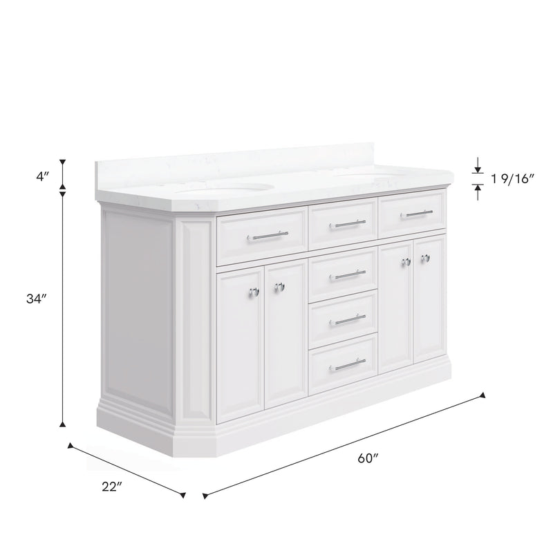Water Creation PA60QZ01 - Palace 60 In. Double Sink Pre-Assembled Contemporary Style Bathroom Vanity With 1-9/16" Carrara White Engineered Marble Top And Chrome Hardware