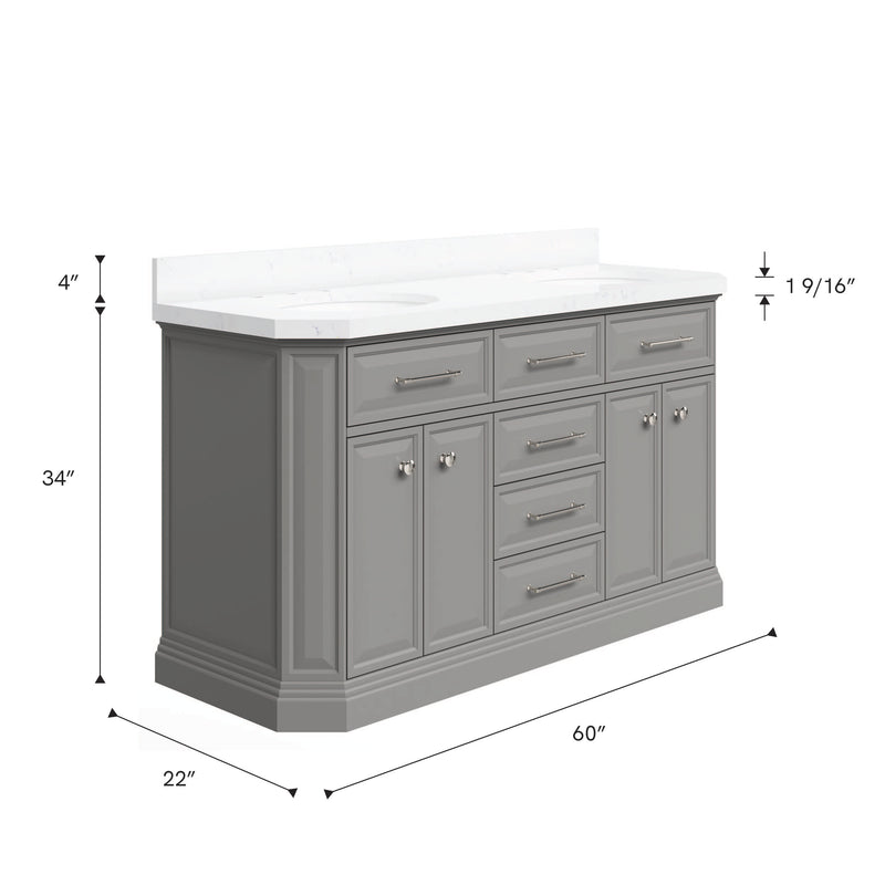 Water Creation PA60QZ05 - Palace 60 In. Double Sink Pre-Assembled Contemporary Style Bathroom Vanity With 1-9/16" Carrara White Engineered Marble Top And Polished Nickel Hardware