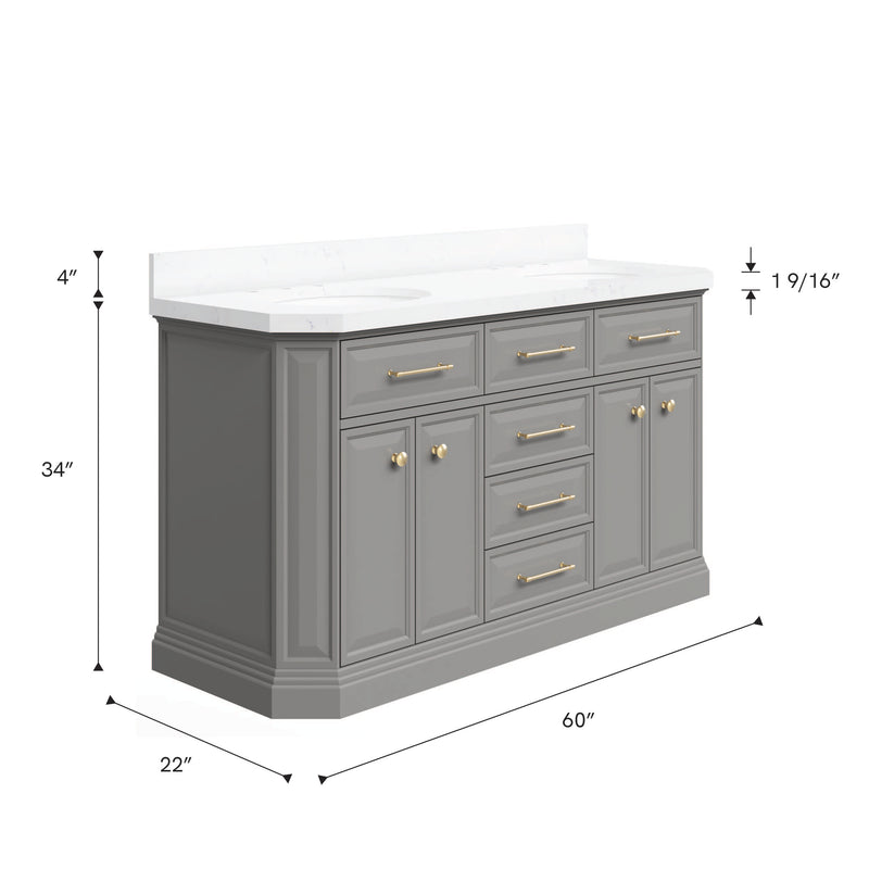 Water Creation PA60QZ06 - Palace 60 In. Double Sink Pre-Assembled Contemporary Style Bathroom Vanity With 1-9/16" Carrara White Engineered Marble Top And Satin Gold Hardware