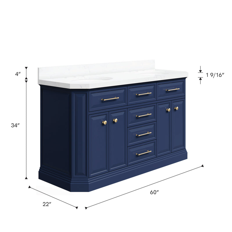 Water Creation PA60QZ06 - Palace 60 In. Double Sink Pre-Assembled Contemporary Style Bathroom Vanity With 1-9/16" Carrara White Engineered Marble Top And Satin Gold Hardware