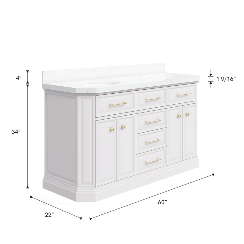 Water Creation PA60QZ06 - Palace 60 In. Double Sink Pre-Assembled Contemporary Style Bathroom Vanity With 1-9/16" Carrara White Engineered Marble Top And Satin Gold Hardware
