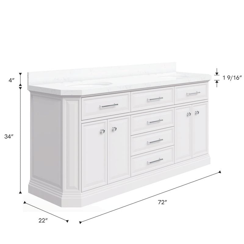 Water Creation PA72QZ01 - Palace 72 In. Double Sink Pre-Assembled Contemporary Style Bathroom Vanity With 1-9/16" Carrara White Engineered Marble Top And Chrome Hardware