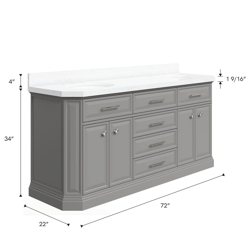Water Creation PA72QZ05 - Palace 72 In. Double Sink Pre-Assembled Contemporary Style Bathroom Vanity With 1-9/16" Carrara White Engineered Marble Top And Polished Nickel Hardware