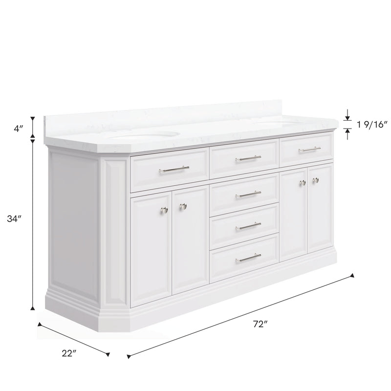 Water Creation PA72QZ05 - Palace 72 In. Double Sink Pre-Assembled Contemporary Style Bathroom Vanity With 1-9/16" Carrara White Engineered Marble Top And Polished Nickel Hardware