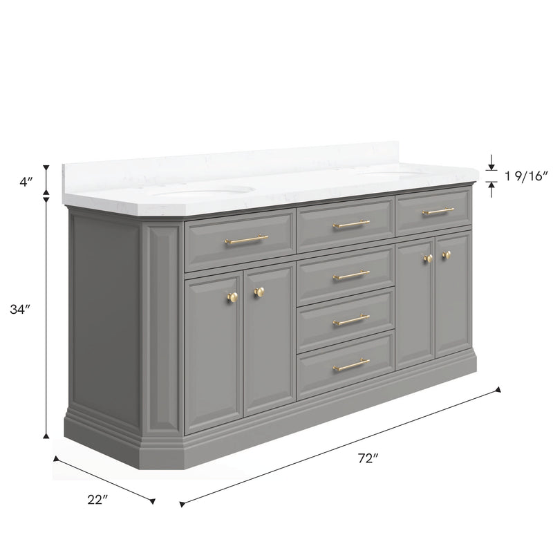 Water Creation PA72QZ06 - Palace 72 In. Double Sink Pre-Assembled Contemporary Style Bathroom Vanity With 1-9/16" Carrara White Engineered Marble Top And Satin Gold Hardware