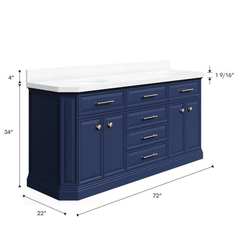Water Creation PA72QZ06 - Palace 72 In. Double Sink Pre-Assembled Contemporary Style Bathroom Vanity With 1-9/16" Carrara White Engineered Marble Top And Satin Gold Hardware