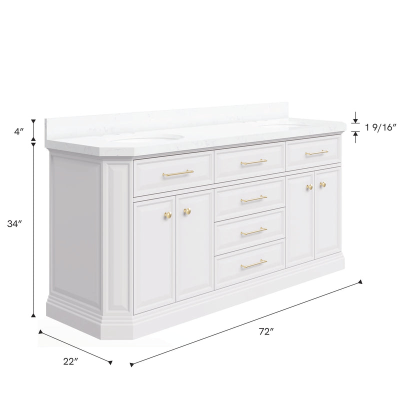 Water Creation PA72QZ06 - Palace 72 In. Double Sink Pre-Assembled Contemporary Style Bathroom Vanity With 1-9/16" Carrara White Engineered Marble Top And Satin Gold Hardware