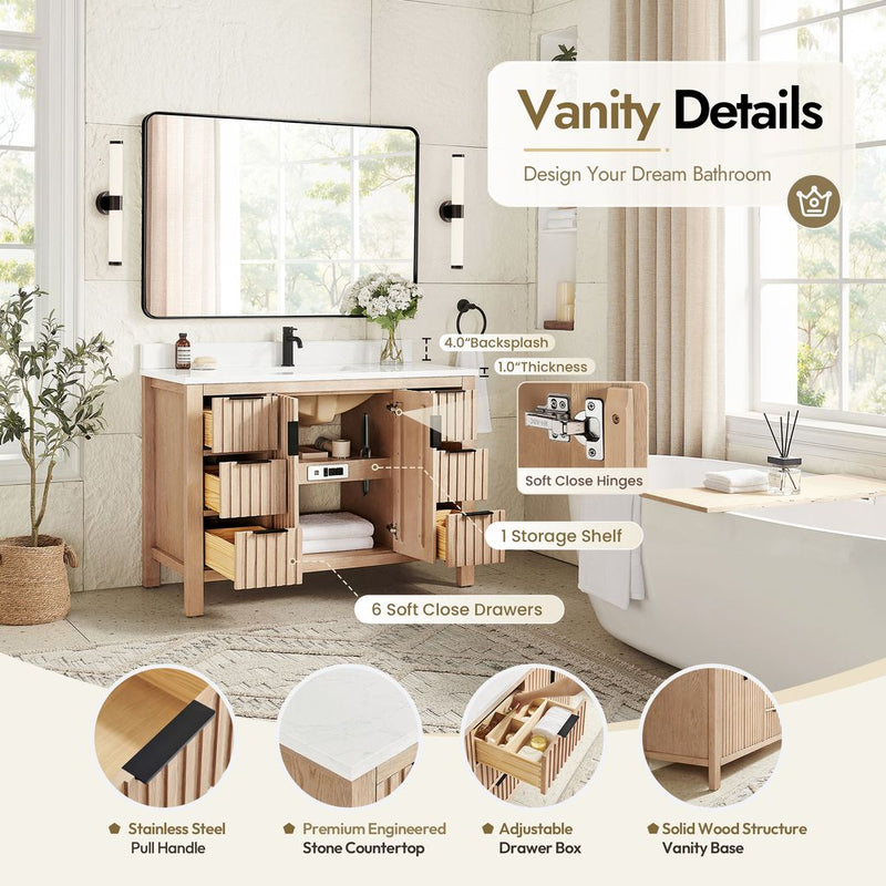 Vinnova 704248-AN-GW Shenzhen 48" Single Sink Bath Vanity in Aged Natural Oak