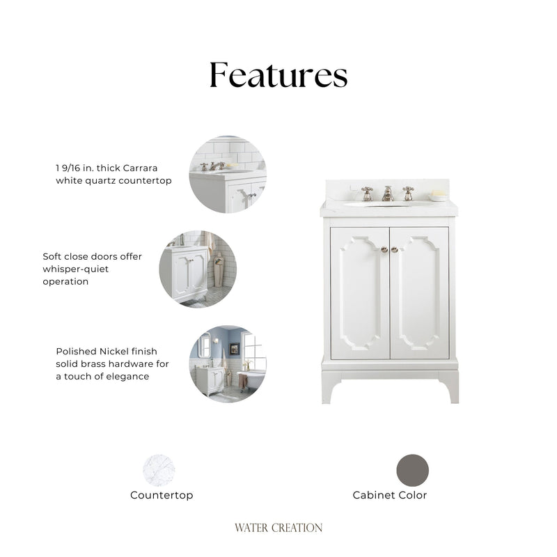 QU24QZ05PW - Queen 24 In. Single Sink Pre-Assembled Traditional Style Bathroom Vanity With 1-9/16" Carrara White Engineered Marble Top