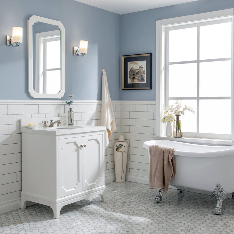 QU30QZ05PW - Queen 30 In. Single Sink Pre-Assembled Traditional Style Bathroom Vanity With 1-9/16" Carrara White Engineered Marble Top