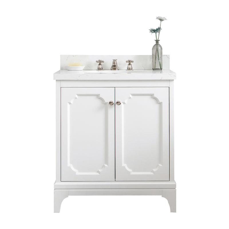 QU30QZ05PW - Queen 30 In. Single Sink Pre-Assembled Traditional Style Bathroom Vanity With 1-9/16" Carrara White Engineered Marble Top