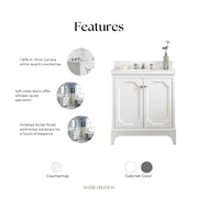 QU30QZ05PW - Queen 30 In. Single Sink Pre-Assembled Traditional Style Bathroom Vanity With 1-9/16" Carrara White Engineered Marble Top