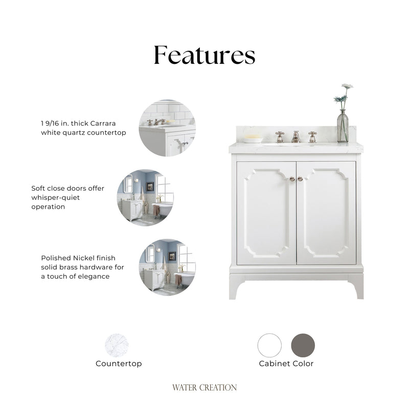 QU30QZ05PW - Queen 30 In. Single Sink Pre-Assembled Traditional Style Bathroom Vanity With 1-9/16" Carrara White Engineered Marble Top