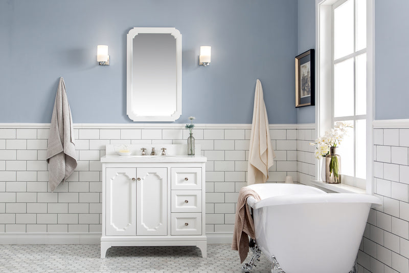 QU36QZ05PW - Queen 36 In. Single Sink Pre-Assembled Traditional Style Bathroom Vanity With 1-9/16" Carrara White Engineered Marble Top