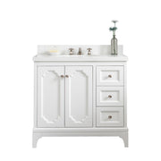 QU36QZ05PW - Queen 36 In. Single Sink Pre-Assembled Traditional Style Bathroom Vanity With 1-9/16" Carrara White Engineered Marble Top
