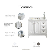QU36QZ05PW - Queen 36 In. Single Sink Pre-Assembled Traditional Style Bathroom Vanity With 1-9/16" Carrara White Engineered Marble Top