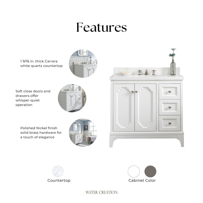 QU36QZ05PW - Queen 36 In. Single Sink Pre-Assembled Traditional Style Bathroom Vanity With 1-9/16" Carrara White Engineered Marble Top