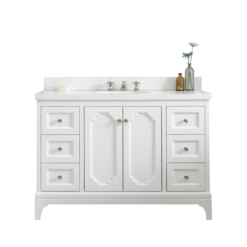 QU48QZ05PW - Queen 48 In. Single Sink Pre-Assembled Traditional Style Bathroom Vanity With 1-9/16" Carrara White Engineered Marble Top
