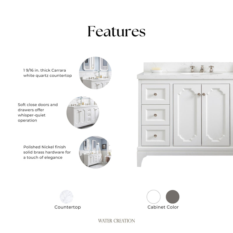 QU48QZ05PW - Queen 48 In. Single Sink Pre-Assembled Traditional Style Bathroom Vanity With 1-9/16" Carrara White Engineered Marble Top