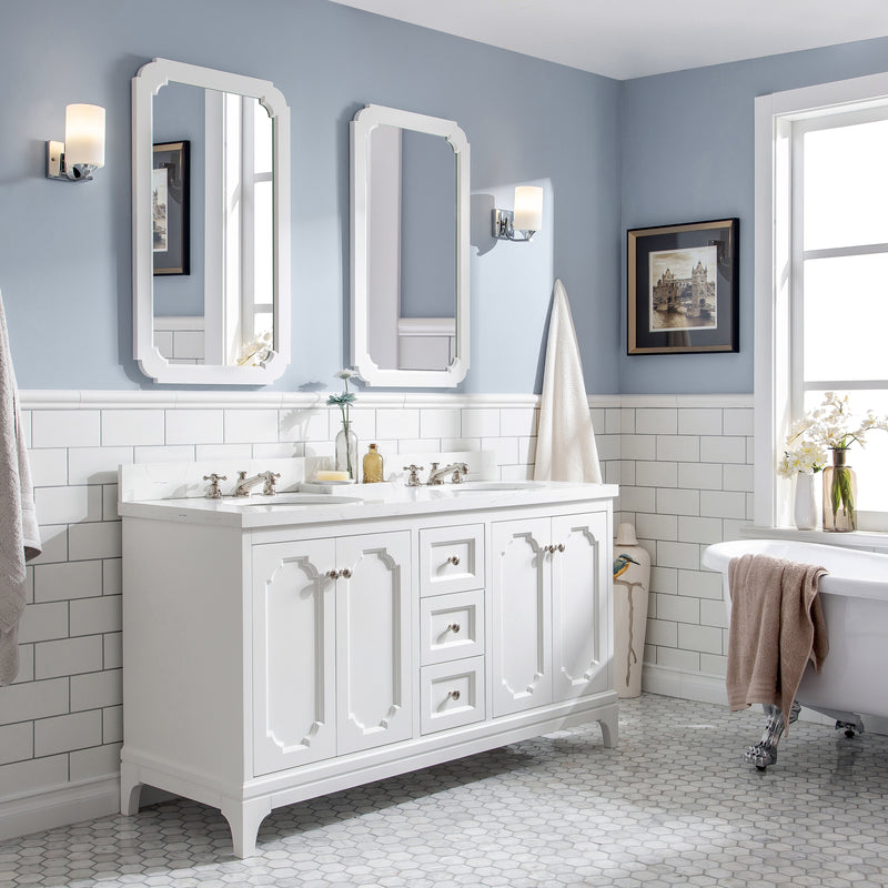 QU60QZ05PW - Queen 60 In. Double Sink Pre-Assembled Traditional Style Bathroom Vanity With 1-9/16" Carrara White Engineered Marble Top