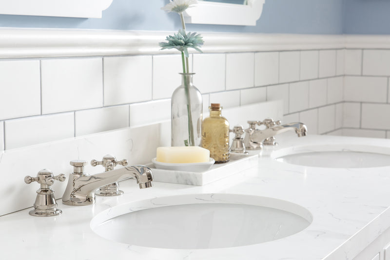 QU60QZ05PW - Queen 60 In. Double Sink Pre-Assembled Traditional Style Bathroom Vanity With 1-9/16" Carrara White Engineered Marble Top