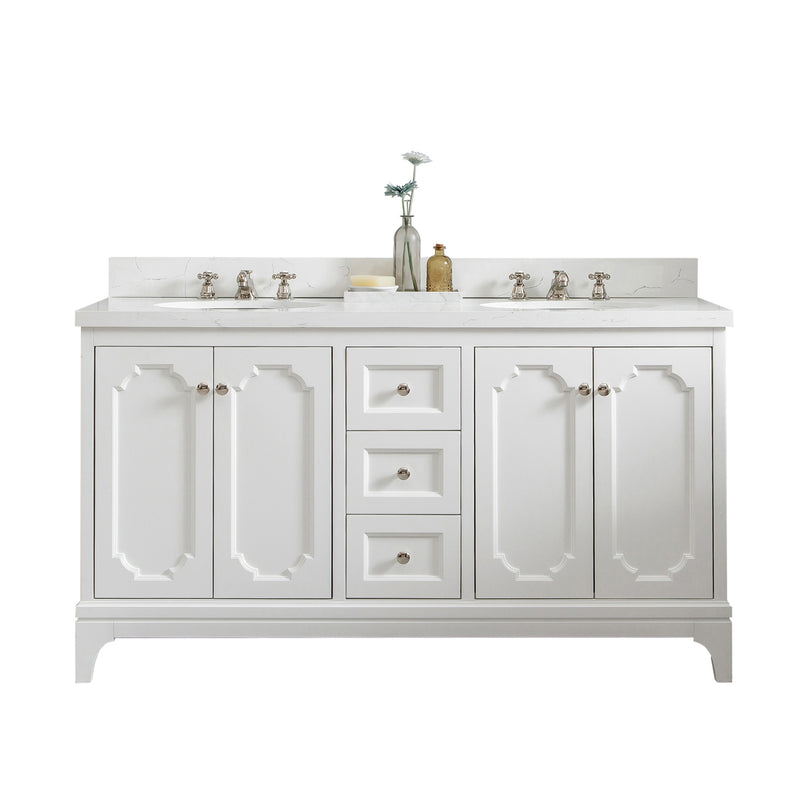 QU60QZ05PW - Queen 60 In. Double Sink Pre-Assembled Traditional Style Bathroom Vanity With 1-9/16" Carrara White Engineered Marble Top